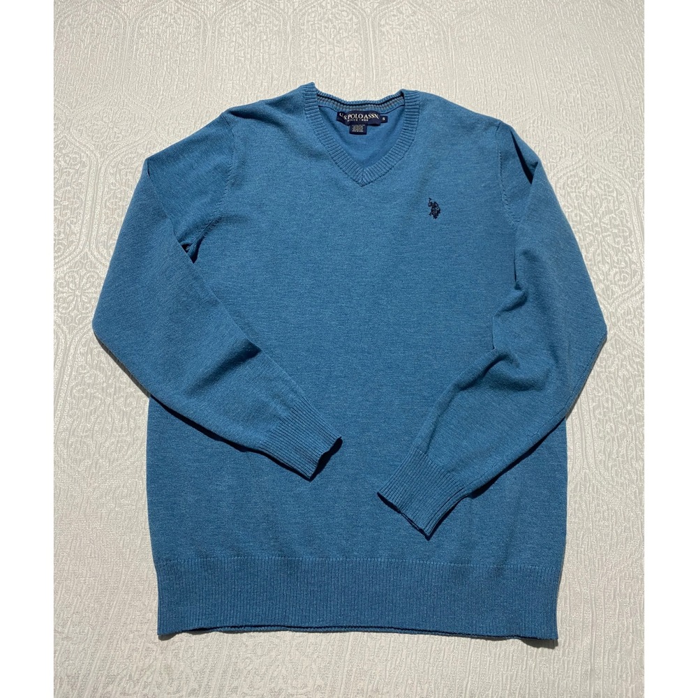 US Polo Assn Mens V-Neck‎ Sweater Heathered Blue S Embroidered Logo Long Sleeve